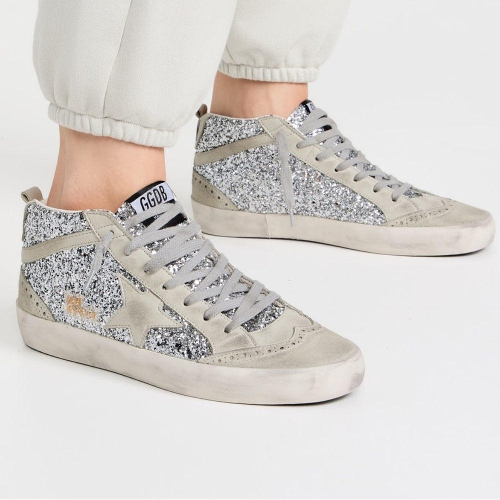 Golden Goose Mid Star Glitter Upper Suede Toe Star Wave Heel and Spur Sneakers